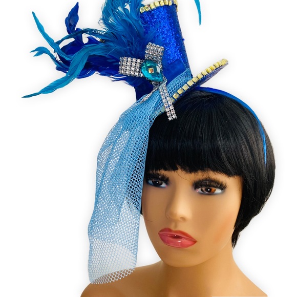 Blue Sparkle Mini Top Hat on Headband with Sequin Trim, Feathers and Netting - Picture 4 of 4
